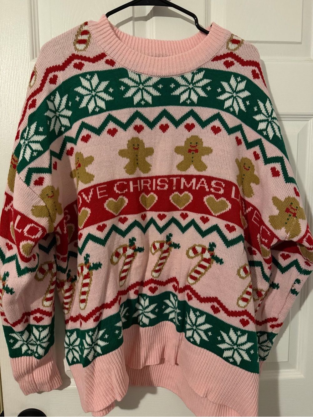 Fashion Nova Pink Christmas Sweater with Green & Red Accents